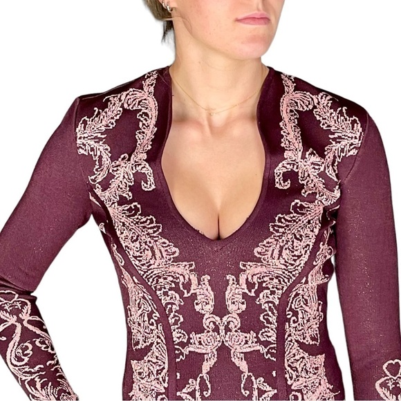 WOW WORLD OF WOMEN FLORAL METALLIC CHERRY CUTOUT LONG SLEEVE BODYCON DRESS - Picture 6 of 16